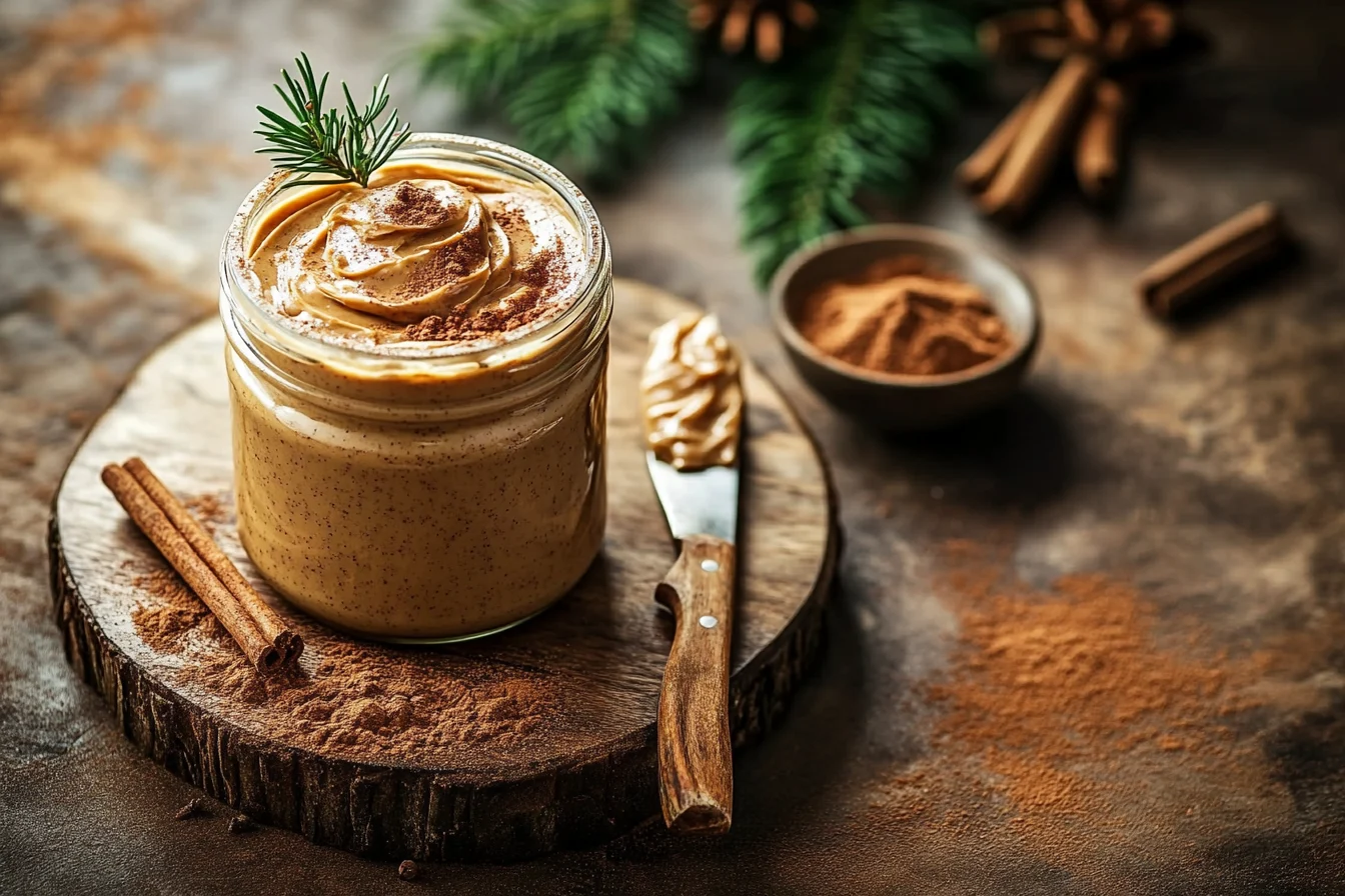 A jar of homemade cinnamon peanut butter on a rustic wooden board, surrounded by cinnamon sticks, star anise, and a dusting of cinnamon powder.