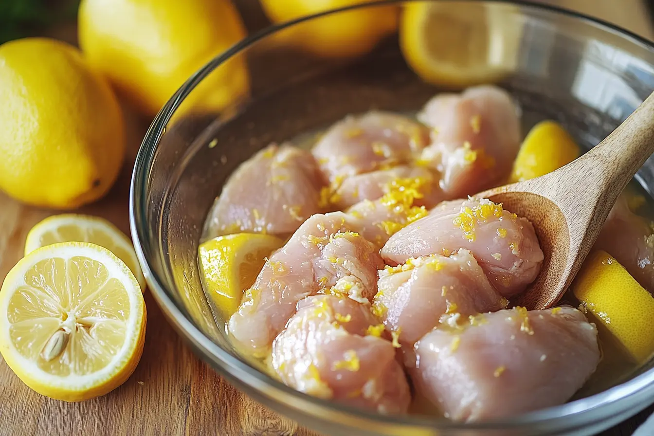 Raw chicken marinating in a glass bowl with fresh lemon slices, lemon zest, and a wooden spoon on a wooden countertop.