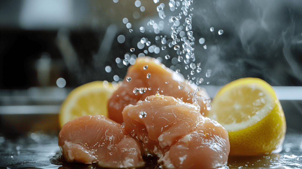 Raw chicken with droplets of lemon juice falling onto it, accompanied by fresh lemon halves in the background.