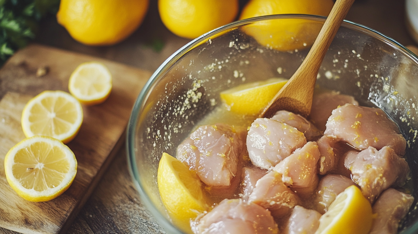 Raw chicken marinating in lemon juice with lemon slices in a glass bowl and a wooden spoon on a rustic kitchen counter