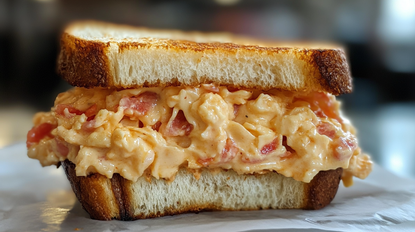 Close-up view of a pimento cheese sandwich with creamy filling and toasted white bread, capturing the texture and vibrant colors of the spread.