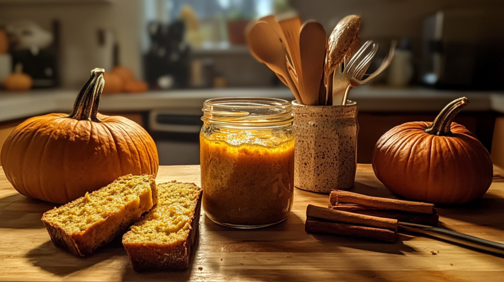 A cozy kitchen countertop with a jar of pumpkin puree, two small pumpkins, cinnamon sticks, and slices of golden banana bread illuminated by warm sunlight.