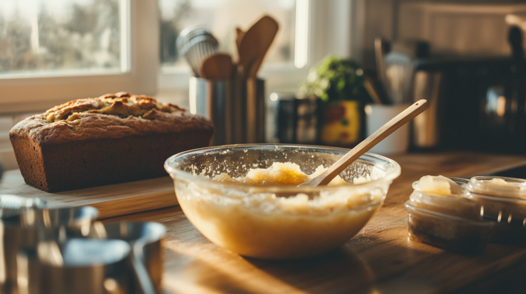 A sunlit kitchen counter featuring a glass bowl of applesauce with a wooden spoon, surrounded by measuring tools, and a freshly baked loaf of banana bread in the background.