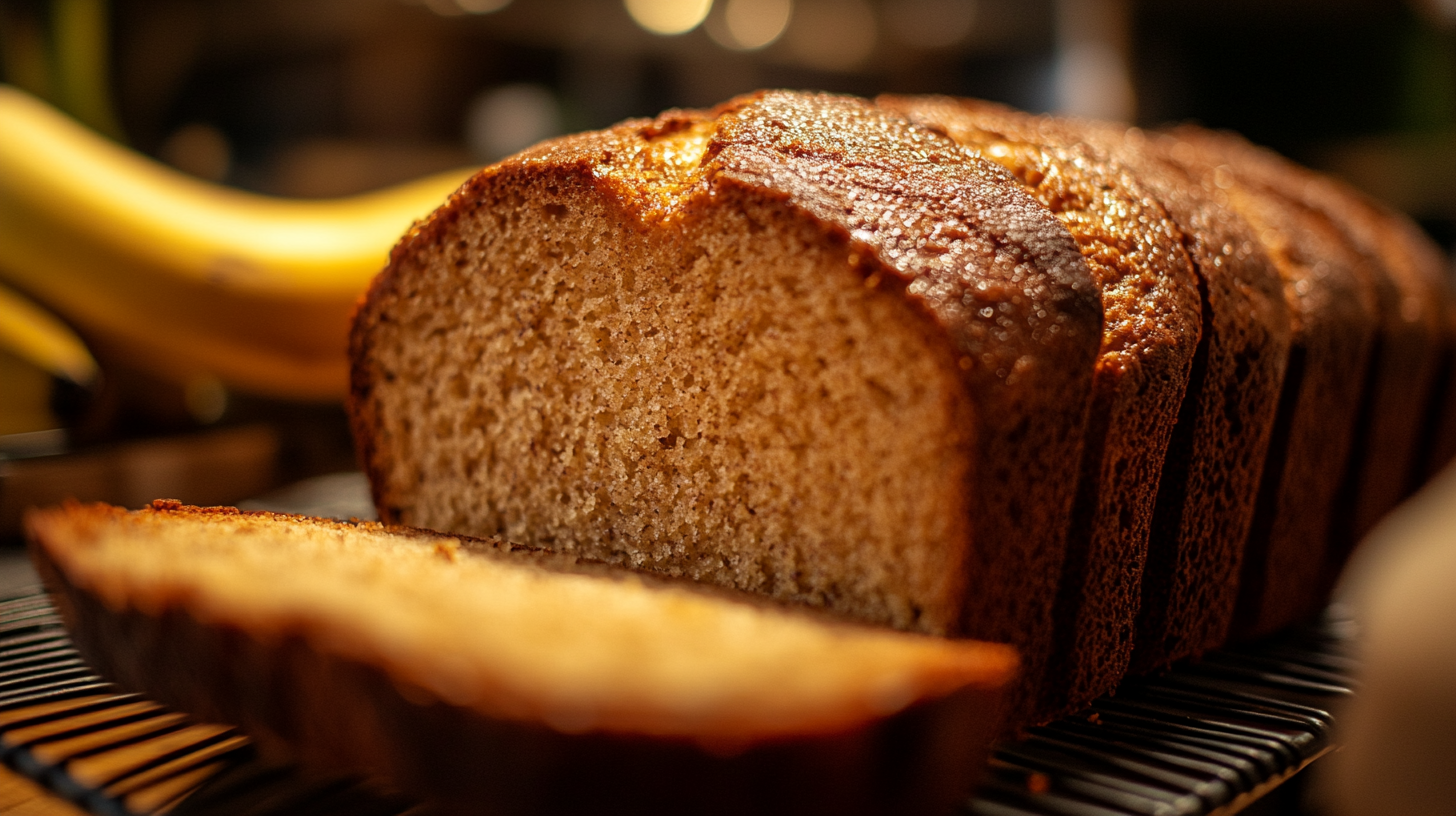 A close-up of freshly sliced banana bread on a cooling rack, showcasing its moist and tender texture with a golden-brown crust.