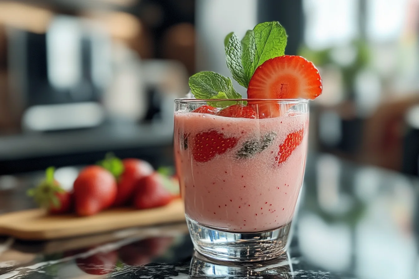 Hailey Bieber Smoothie Recipe with fresh strawberries and mint leaves.