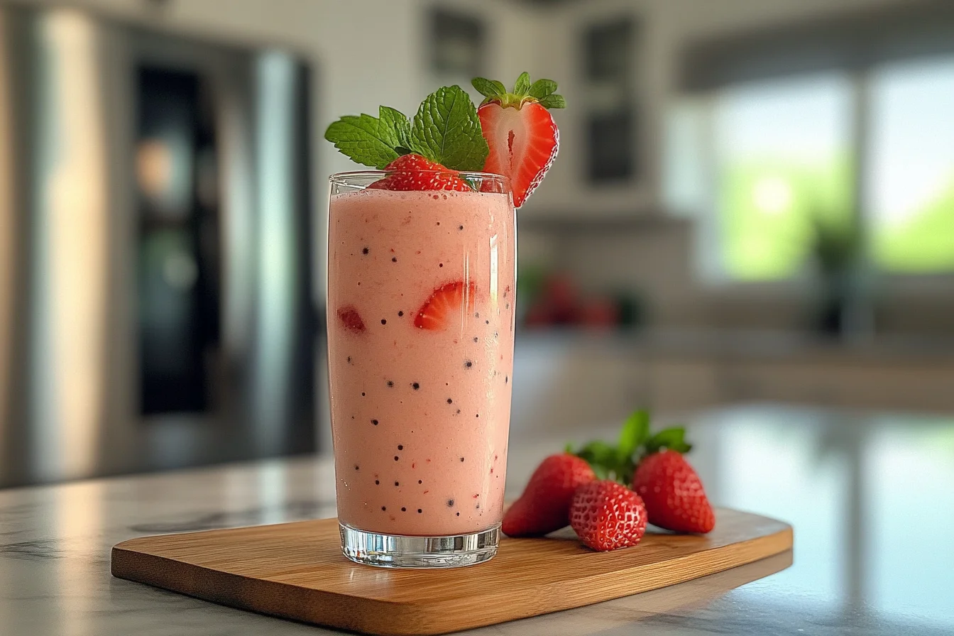 Hailey Bieber Smoothie Recipe with fresh strawberries and mint leaves.