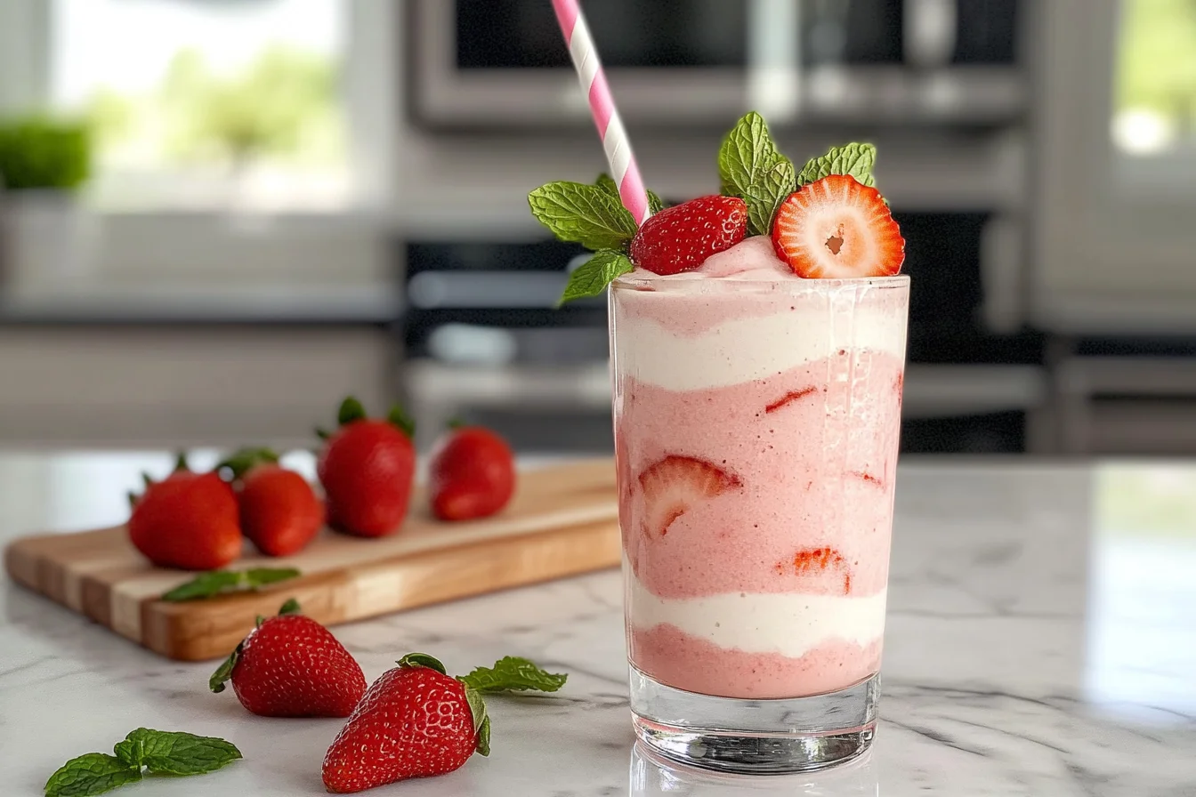 Hailey Bieber Smoothie Erewhon Smoothie served in a glass, garnished with fresh strawberries, mint leaves, and a striped straw.