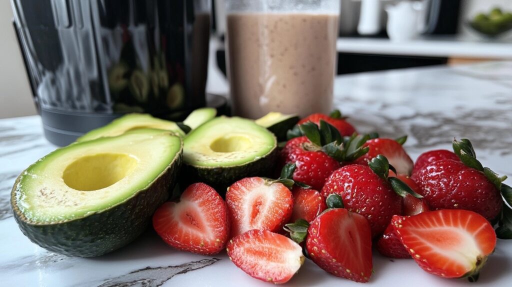 Sliced avocado and strawberries on a counter with a smoothie in the background