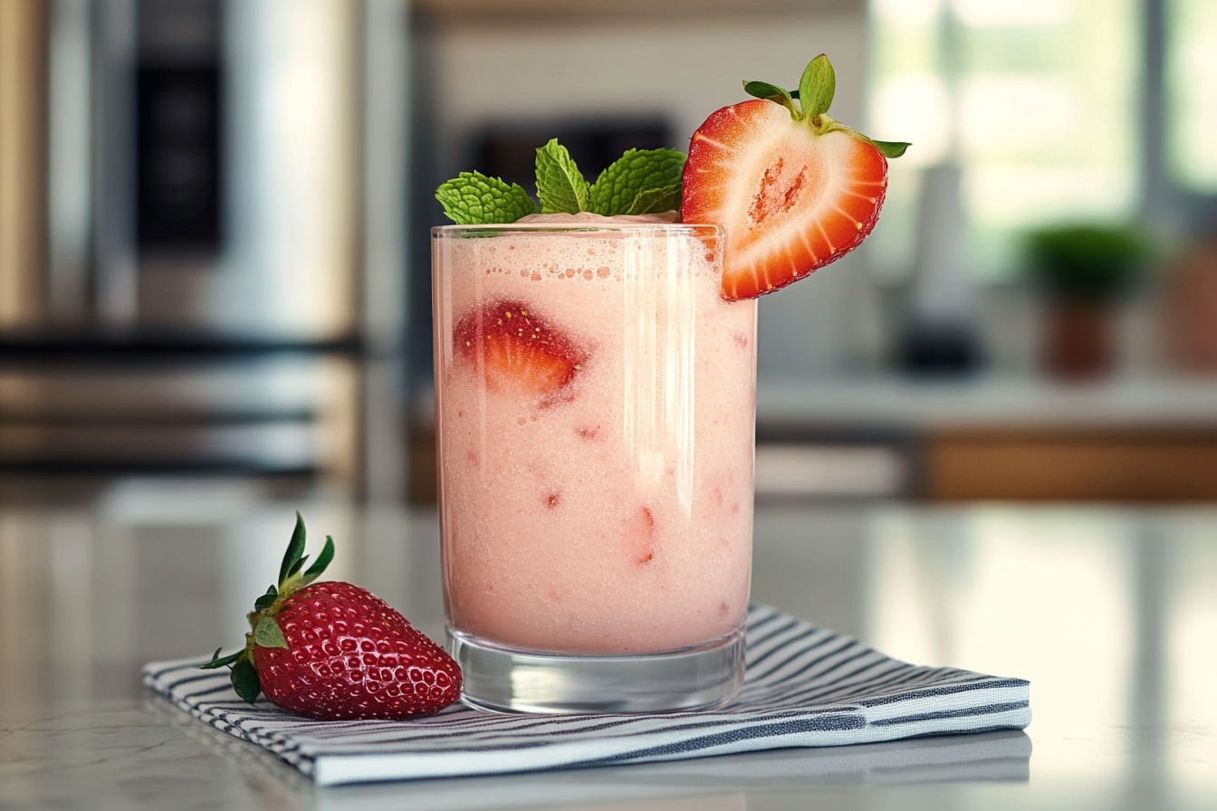 A glass of Hailey Bieber smoothie garnished with fresh mint leaves and a sliced strawberry, placed on a striped napkin in a modern kitchen setting.