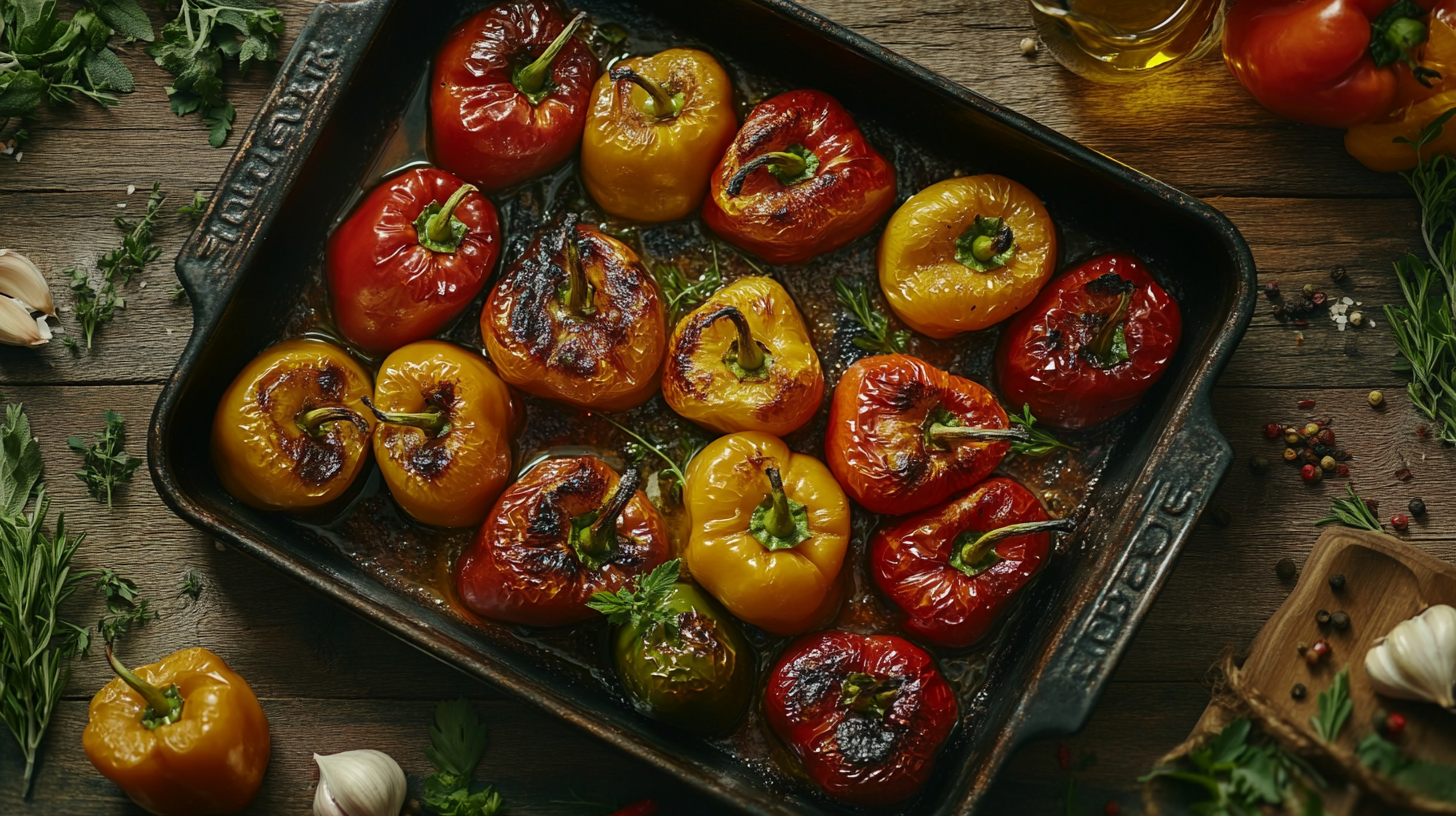 Tray of roasted red, yellow, and green peppers garnished with fresh herbs and garlic cloves, placed on a wooden table with scattered seasonings.