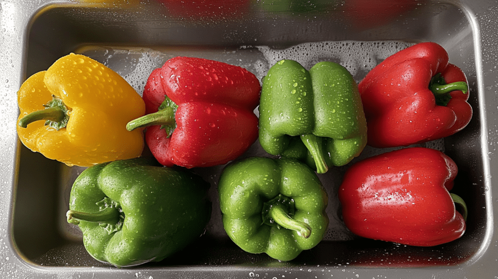 Fresh yellow, red, and green bell peppers being washed in a stainless steel sink with water droplets glistening on their vibrant surfaces