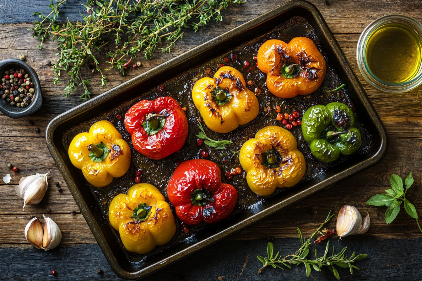 Tray of roasted red, yellow, and green peppers garnished with fresh herbs and garlic cloves, placed on a wooden table with scattered seasonings.