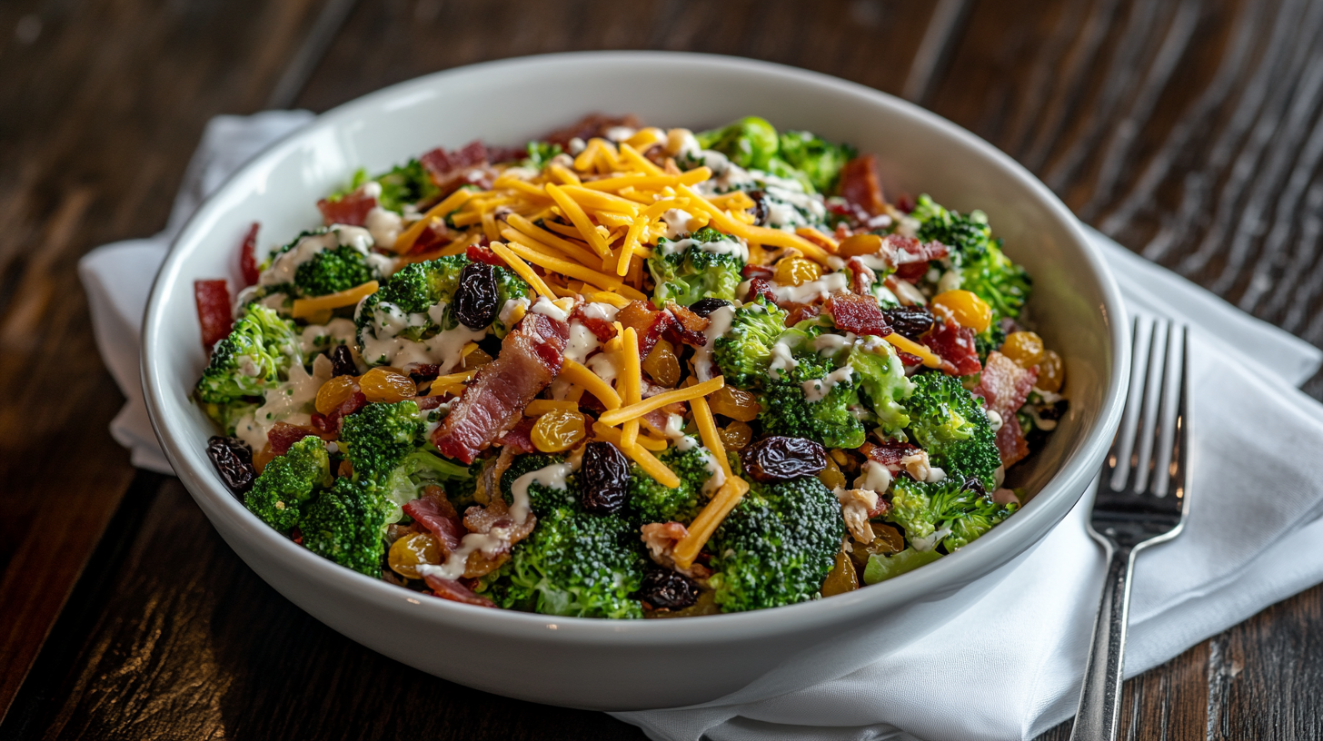 A vibrant bowl of Chicken Salad Chick broccoli salad featuring fresh broccoli florets, shredded cheddar cheese, golden and dark raisins, and a creamy dressing, served in a white ceramic bowl on a wooden table with a fork and white napkin on the side.