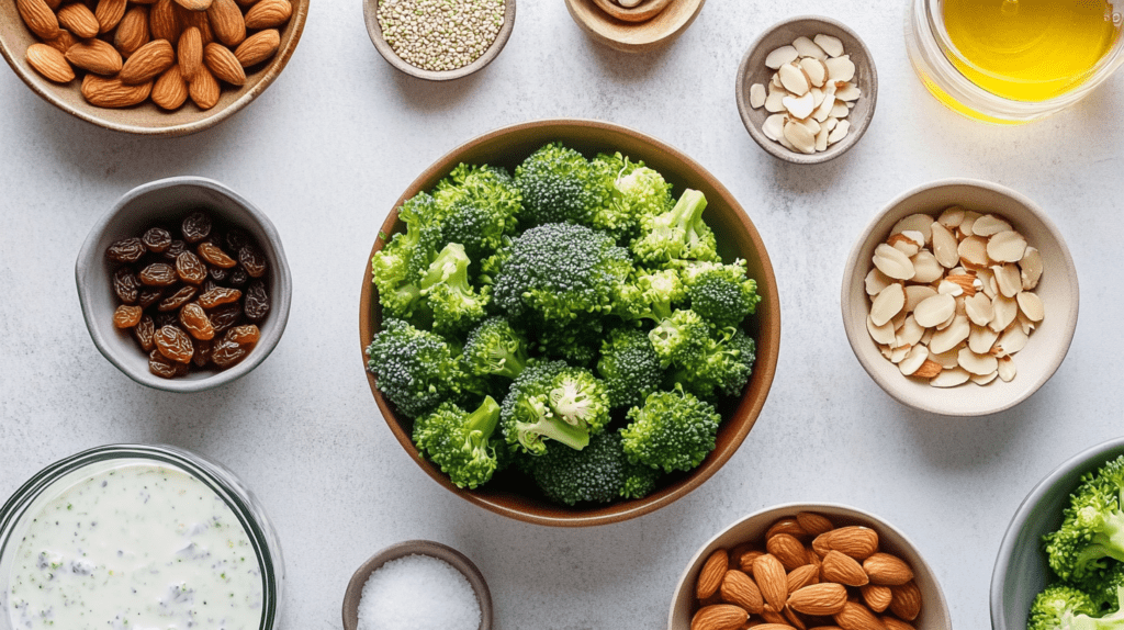 Ingredients for a homemade broccoli salad displayed neatly, including fresh broccoli florets in a bowl, raisins, almonds, slivered almonds, creamy dressing, olive oil, and salt, arranged on a white countertop