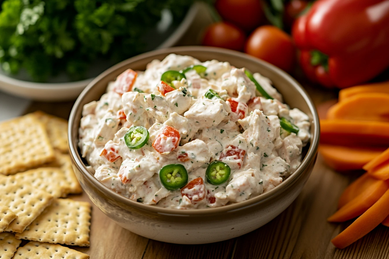 A bowl of creamy chicken salad with diced vegetables, including red bell peppers and green jalapenos, surrounded by fresh carrots, jalapenos, crackers, and parsley.