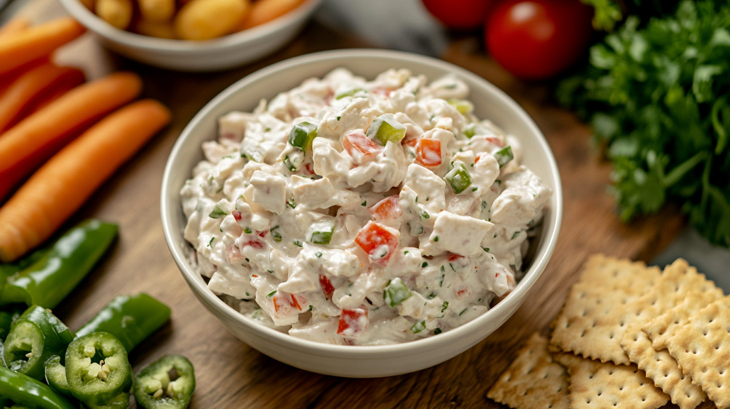 A bowl of creamy chicken salad with diced vegetables, including red bell peppers and green jalapenos, surrounded by fresh carrots, jalapenos, crackers, and parsley.