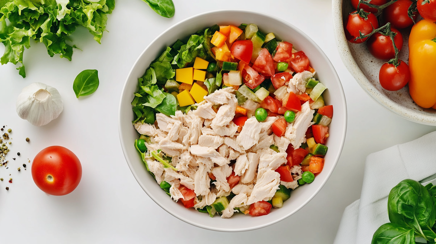 A fresh bowl of chicken salad with chopped vegetables including tomatoes, cucumbers, lettuce, and yellow bell peppers, garnished with peas, surrounded by garlic, basil, and tomatoes on a white background.