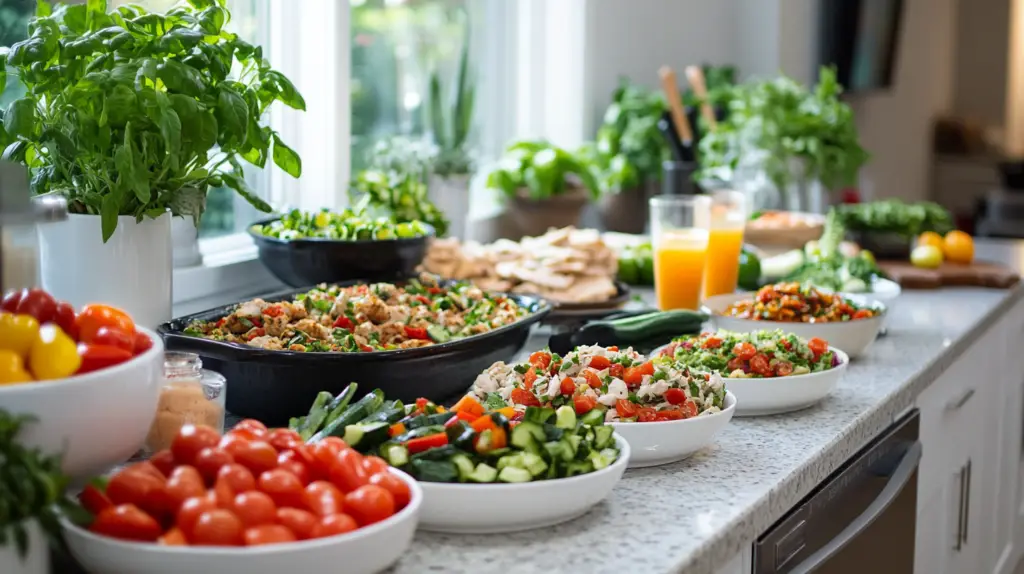 An inviting buffet-style setup featuring bowls of fresh salads, vibrant vegetables, and chicken dishes, surrounded by potted herbs and glasses of orange juice, on a sunny kitchen countertop.