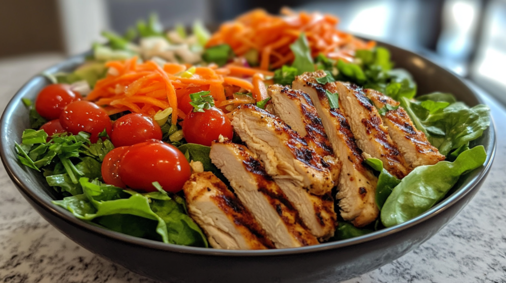 A vibrant bowl of Chick-fil-A-style chicken salad featuring grilled chicken strips, fresh cherry tomatoes, shredded carrots, and leafy greens