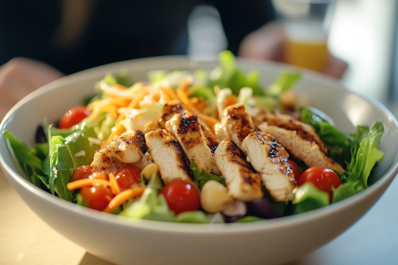 Close-up of a person enjoying a fresh chicken salad with grilled chicken chunks, cherry tomatoes, and leafy greens at a dining table.