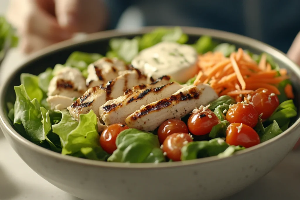 A fresh chicken salad bowl with grilled chicken strips, cherry tomatoes, shredded carrots, lettuce, and a dollop of creamy dressing.