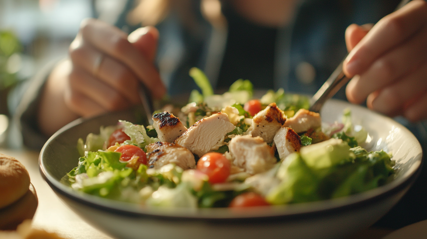 Close-up of a person enjoying a fresh chicken salad with grilled chicken chunks, cherry tomatoes, and leafy greens at a dining table.