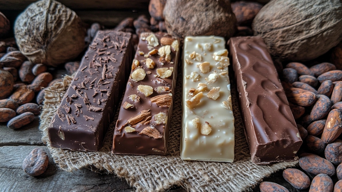 A selection of chocolate bars, including dark, milk, and white chocolate varieties, topped with nuts and cocoa nibs, displayed on a burlap mat surrounded by cocoa beans and walnuts.