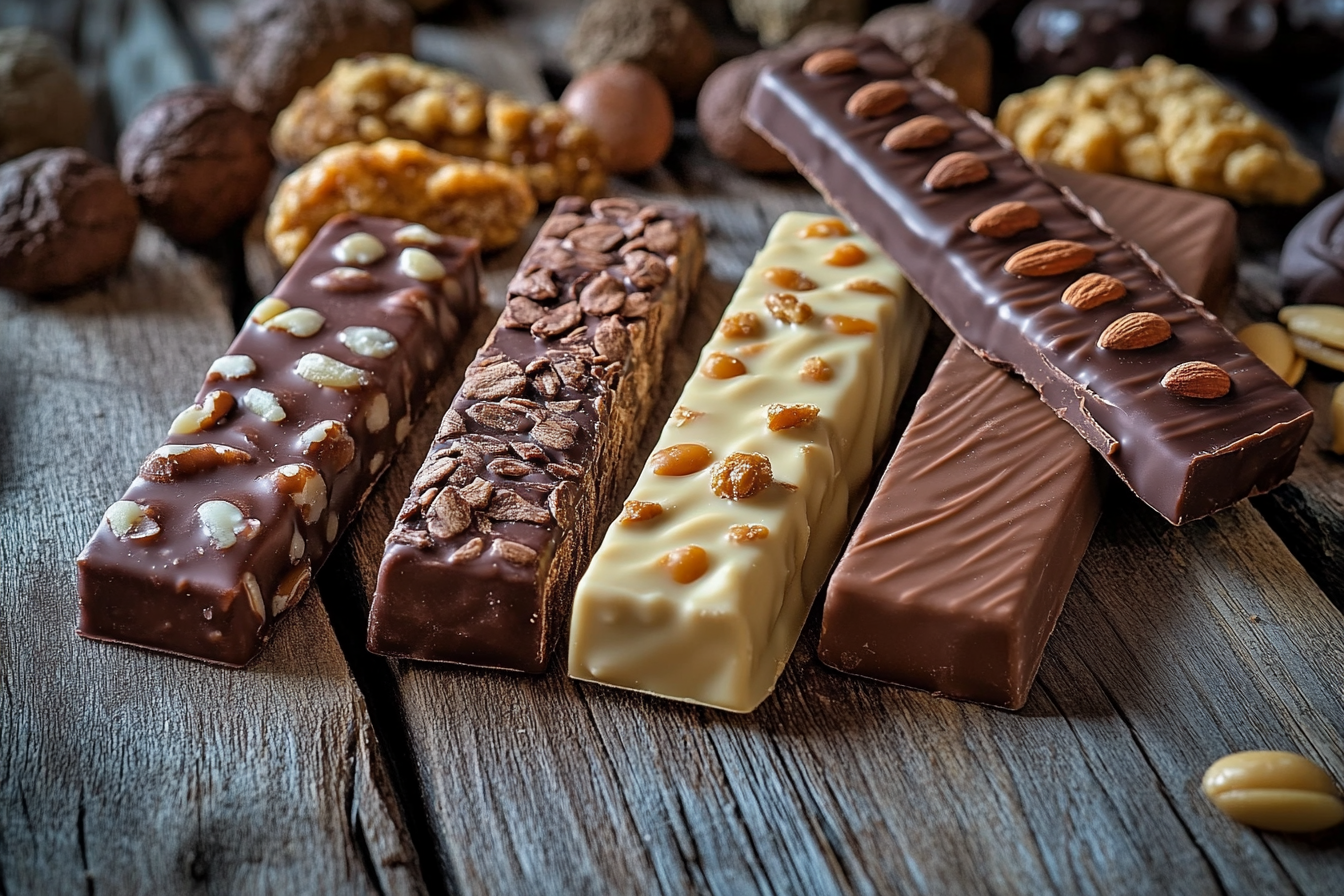 A selection of chocolate bars, including dark, milk, and white chocolate varieties, topped with nuts and cocoa nibs, displayed on a burlap mat surrounded by cocoa beans and walnuts.