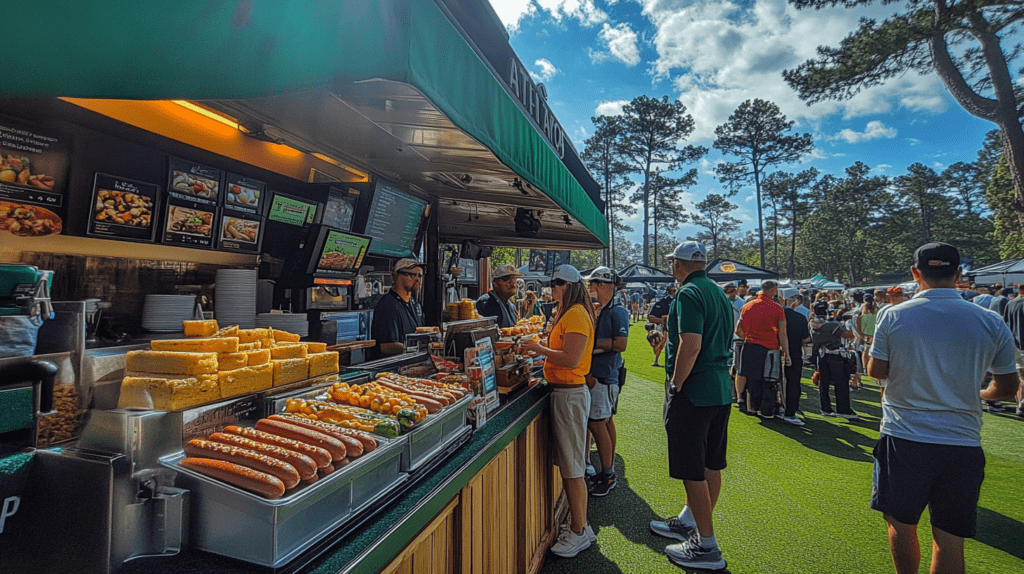 Masters Golf Tournament concession stand featuring freshly prepared hot dogs, pimento cheese sandwiches, and other menu items with fans lining up under a sunny blue sky.