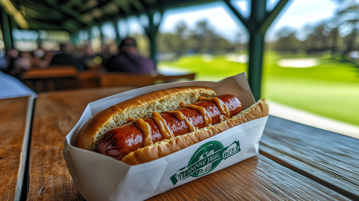 Close-up of a freshly prepared hot dog with mustard in eco-friendly Masters-branded packaging, set on a wooden table with a golf course in the background.