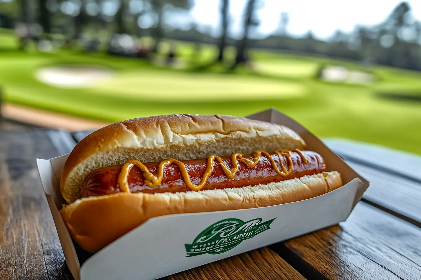 Close-up of a freshly prepared hot dog with mustard in eco-friendly Masters-branded packaging, set on a wooden table with a golf course in the background.