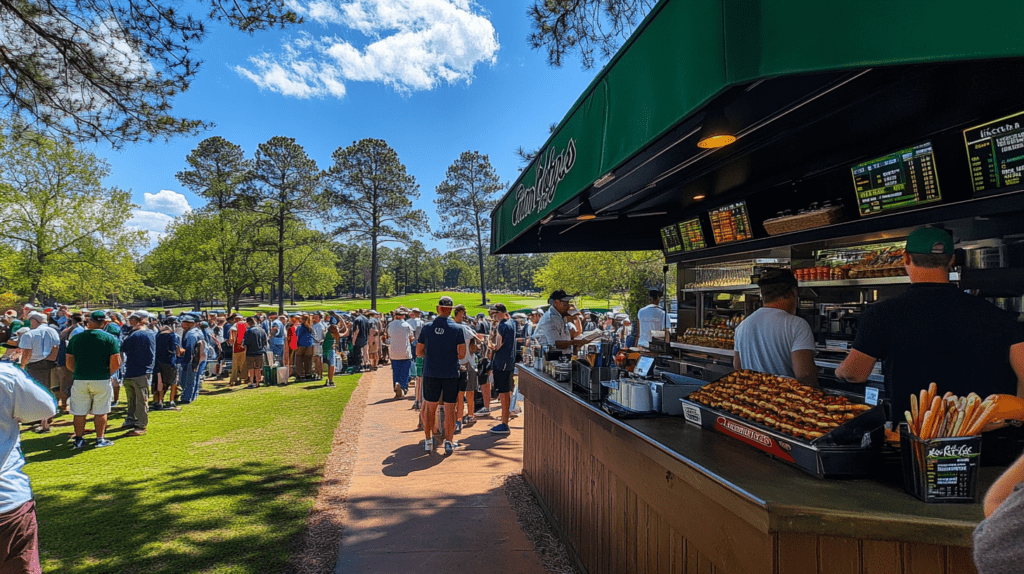 Masters concession stand with a long line of fans on a sunny day, featuring trays of hot dogs and pretzels in the foreground, surrounded by lush greenery and golf course views.