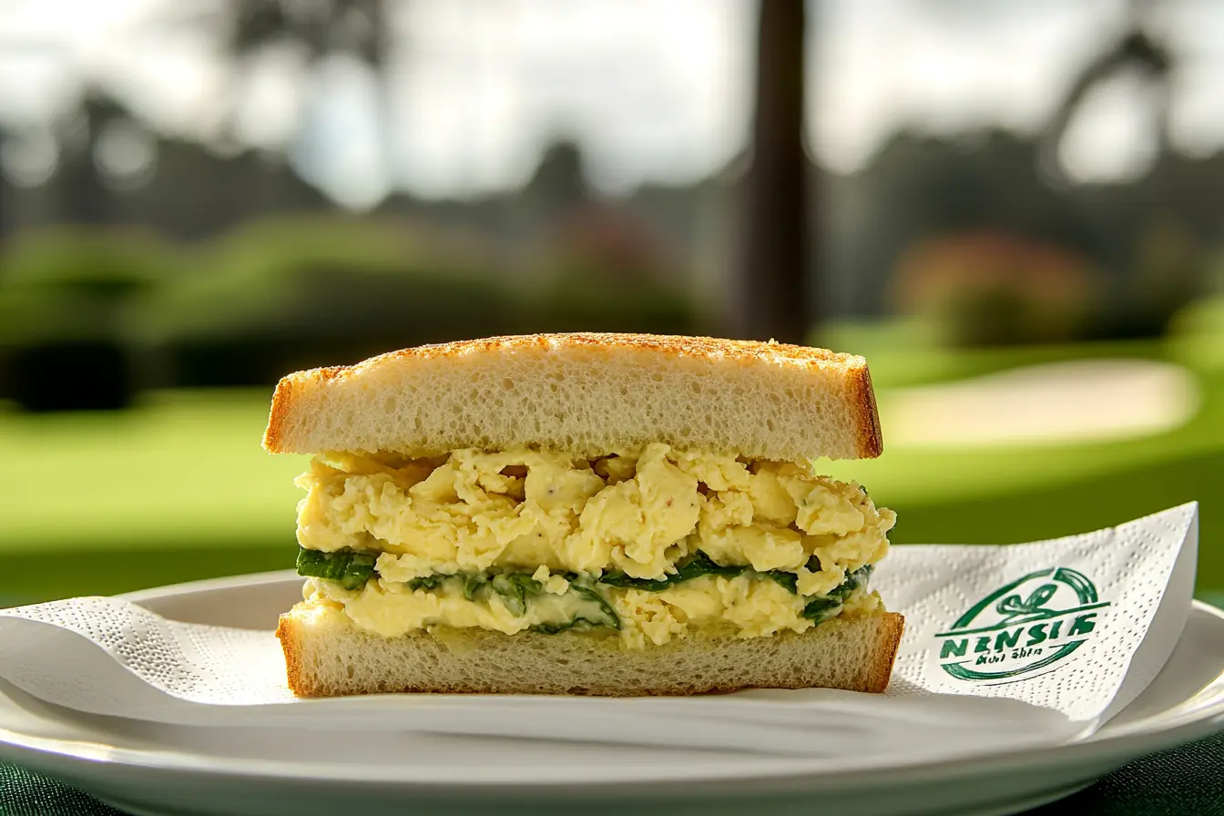 A fluffy egg salad sandwich served on toasted bread with fresh greens, placed on a plate with a branded napkin, against a scenic outdoor backdrop.