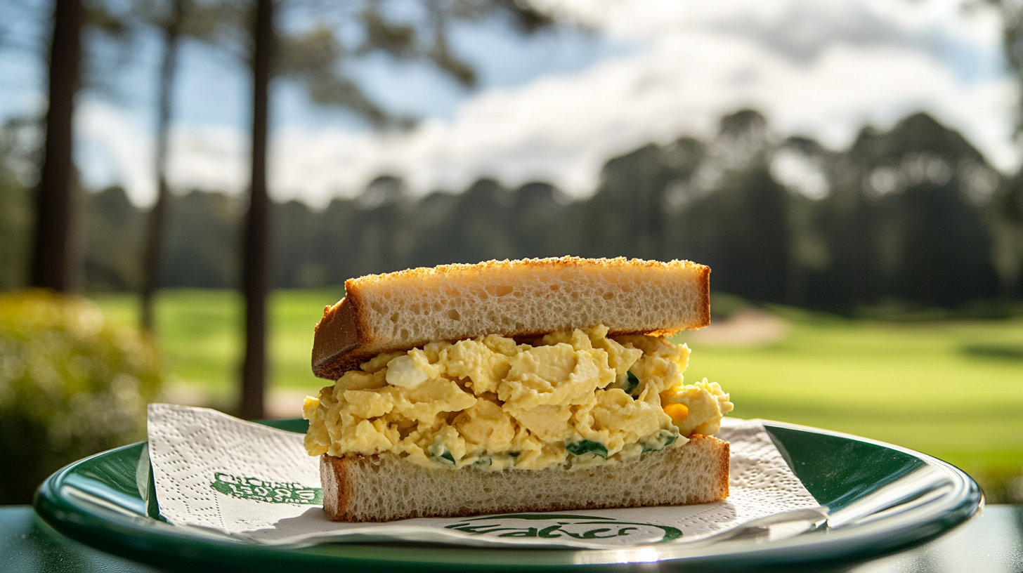 An egg salad sandwich served on white bread, placed on a green plate with a Masters-themed napkin, set against the lush fairways of a golf course on a sunny day.