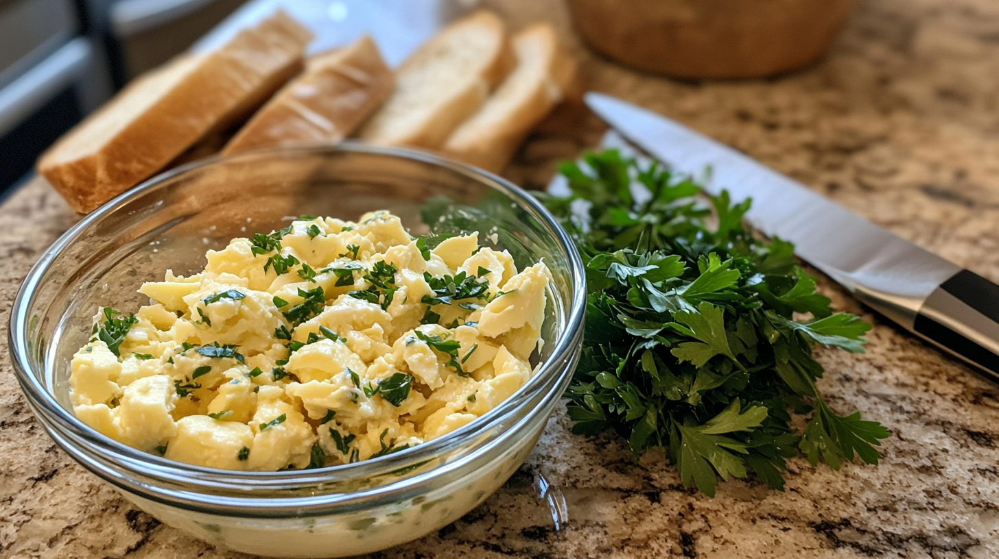 A glass bowl filled with freshly prepared egg salad garnished with parsley, set on a countertop alongside fresh parsley, a knife, and sliced bread.