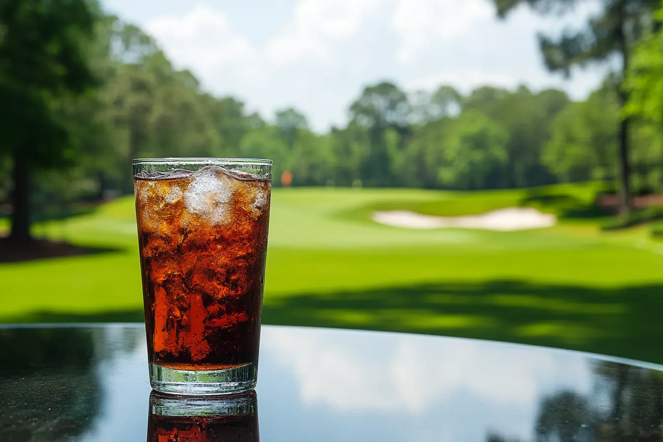 A refreshing glass of iced cola sitting on a reflective surface with a scenic view of a lush green golf course in the background.