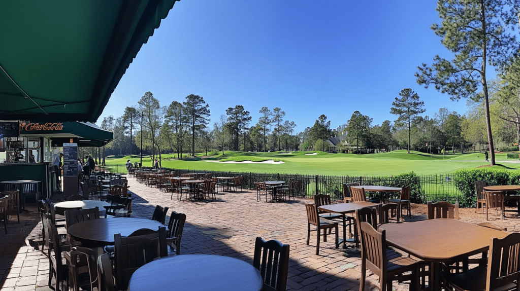 An outdoor seating area at Augusta National Golf Club with tables and chairs under a clear blue sky, overlooking a pristine golf course and a Coca-Cola concession stand.