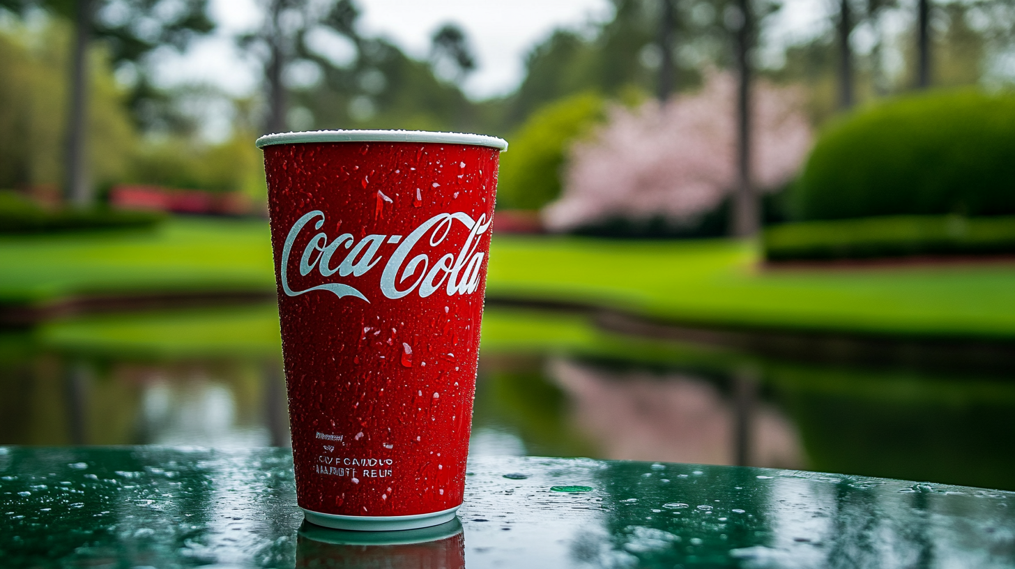 A Coca-Cola cup placed on a green outdoor table with a blurred background of trees and flowers, representing the serene environment of Augusta National Golf Club