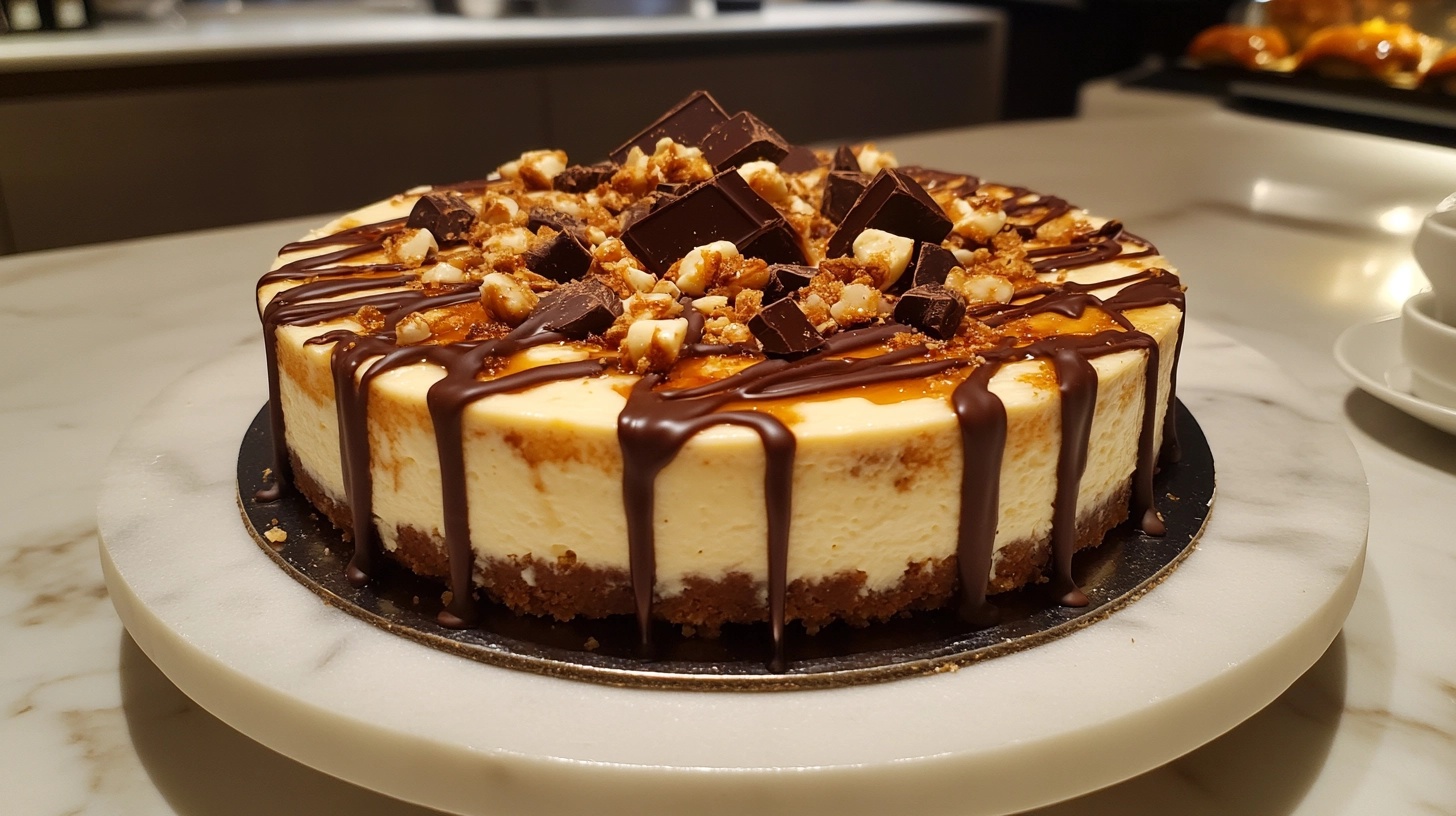 A Snickers cheesecake with a graham cracker crust, drizzled chocolate ganache, caramel sauce, and topped with chopped Snickers bars and peanuts.