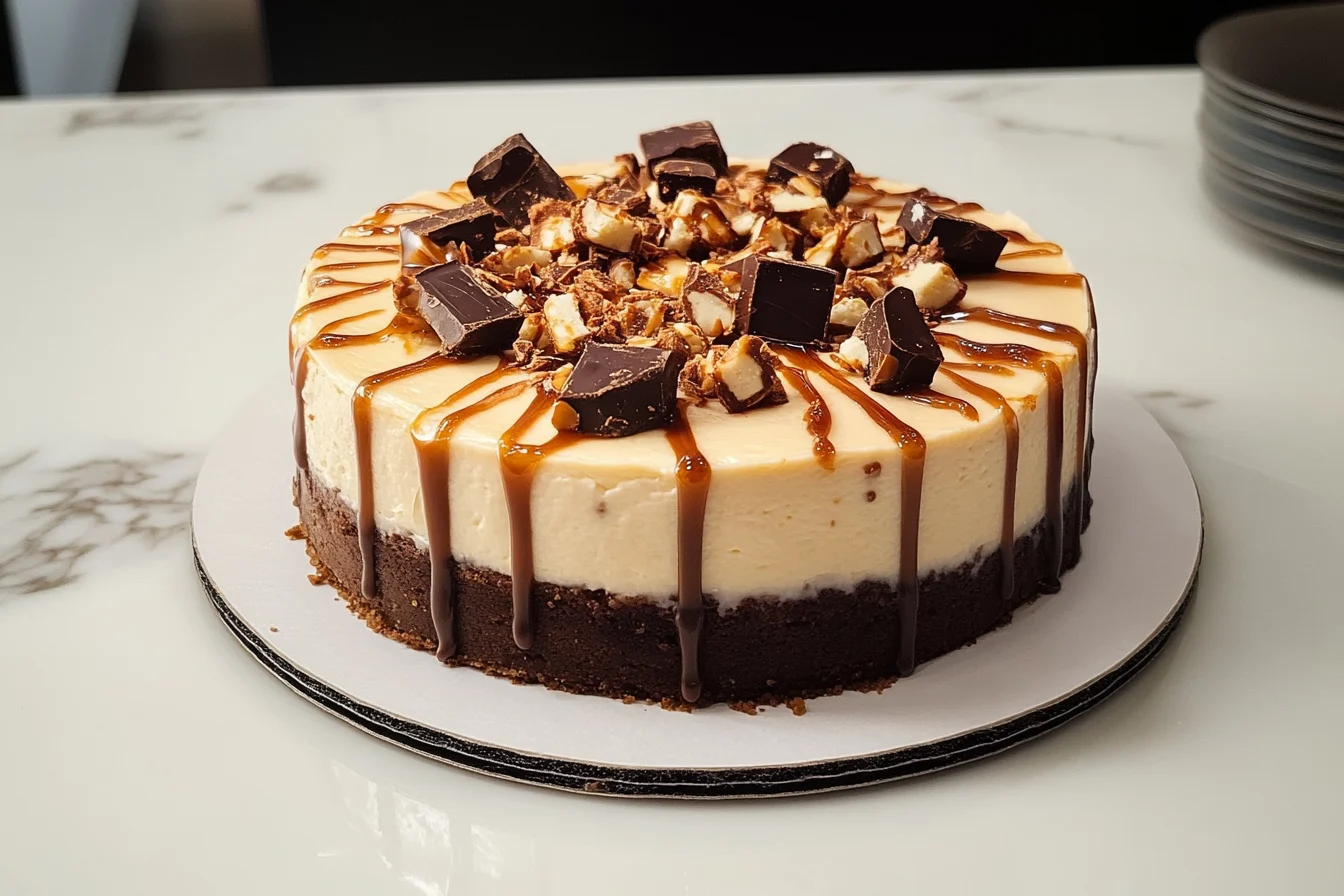 A Snickers cheesecake with a graham cracker crust, drizzled chocolate ganache, caramel sauce, and topped with chopped Snickers bars and peanuts.