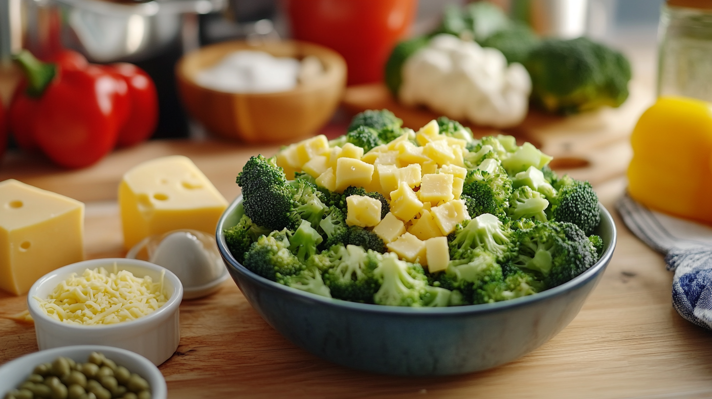 A fresh bowl of broccoli salad topped with cubes of cheese, surrounded by colorful vegetables and ingredients on a wooden countertop.