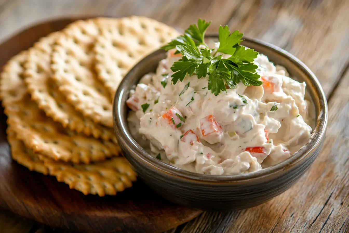 A bowl of creamy chicken salad garnished with fresh parsley, served with crispy crackers on a wooden platter.