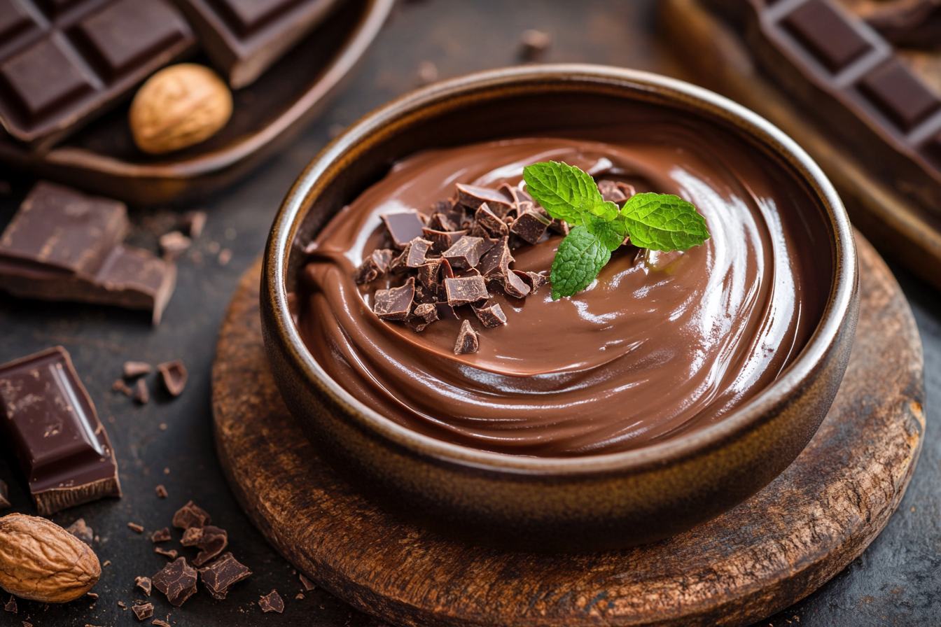 A bowl of creamy chocolate sauce garnished with chopped chocolate pieces and fresh mint leaves, surrounded by chocolate chunks and nuts.