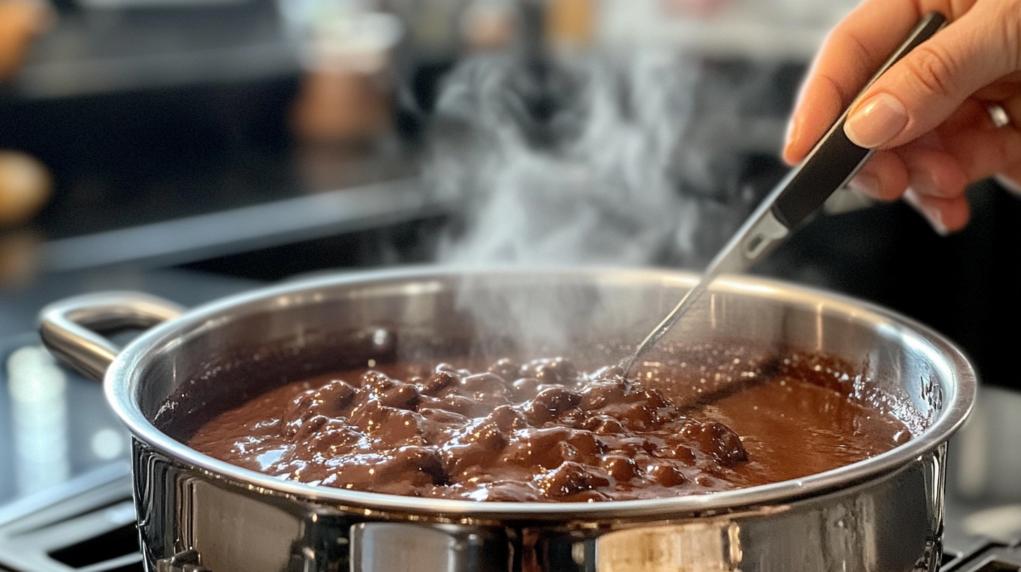 A hand stirring a pot of chocolate sauce over gentle heat, with steam rising, indicating the process of decrystallizing the sauce.