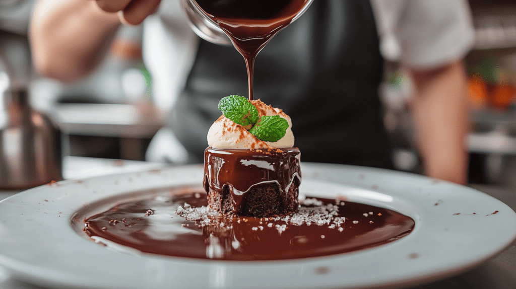 Chocolate sauce being poured over a dessert with whipped cream and mint garnish, creating a glossy and indulgent finish.