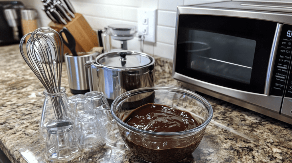 A kitchen setup with tools for decrystallizing chocolate sauce, including a whisk, glass bowl filled with chocolate sauce, a microwave, and a saucepan.