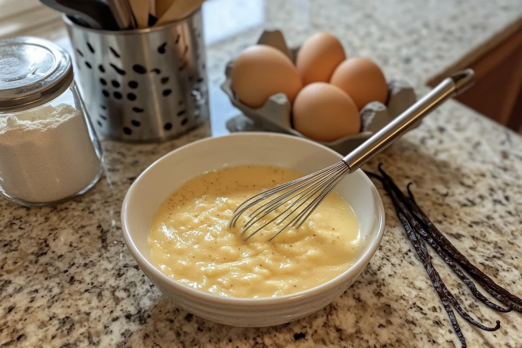 A bowl of custard being whisked, surrounded by fresh ingredients including eggs, vanilla beans, and a jar of sugar, on a granite countertop.