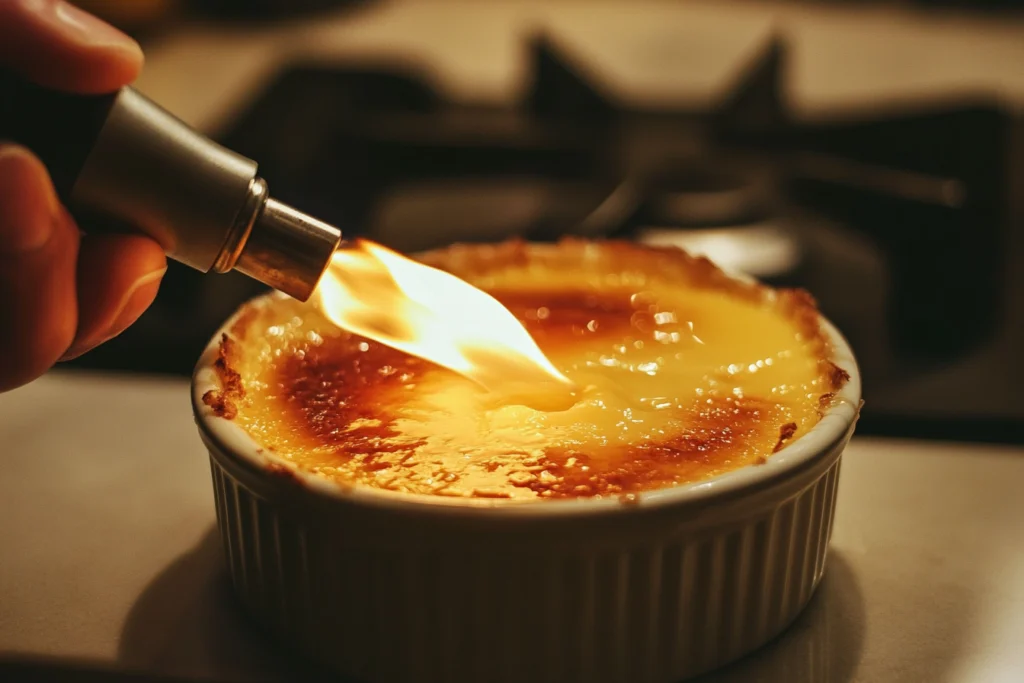 A culinary torch caramelizing the sugar layer on top of a crème brûlée in a white ramekin, creating a golden, crisp crust.