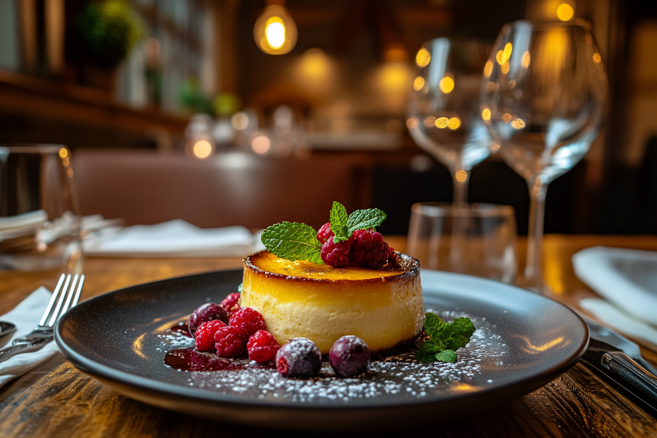 A beautifully plated crème brûlée garnished with fresh raspberries, blueberries, and mint leaves, served on a black plate in an elegant dining setting.