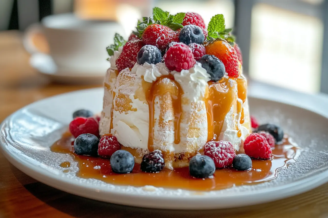 A beautifully decorated angel food cake topped with fresh berries, whipped cream, caramel drizzle, and a garnish of mint leaves, served on a white plate.